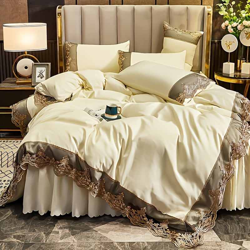 Lace bedding set in various colors with quilt cover and matching pillowcase. Available in two or three piece set.