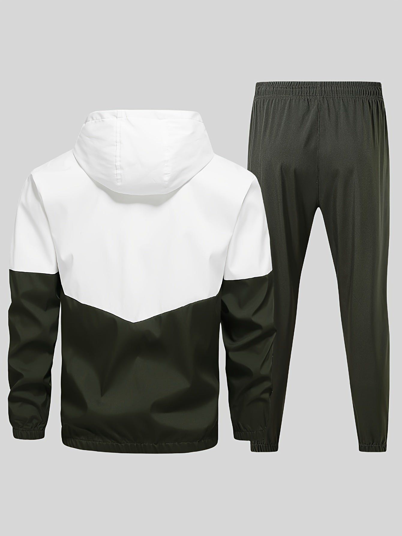 Men's 2-piece casual sports set with hooded jacket and pants in a stylish color block design for a trendy athletic look during spring or autumn.