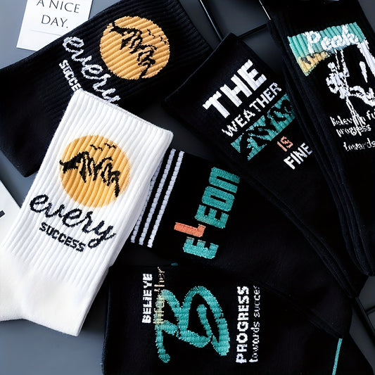 5/10 pairs of men's trendy crew socks with graffiti letter patterns, suitable for outdoor wear.