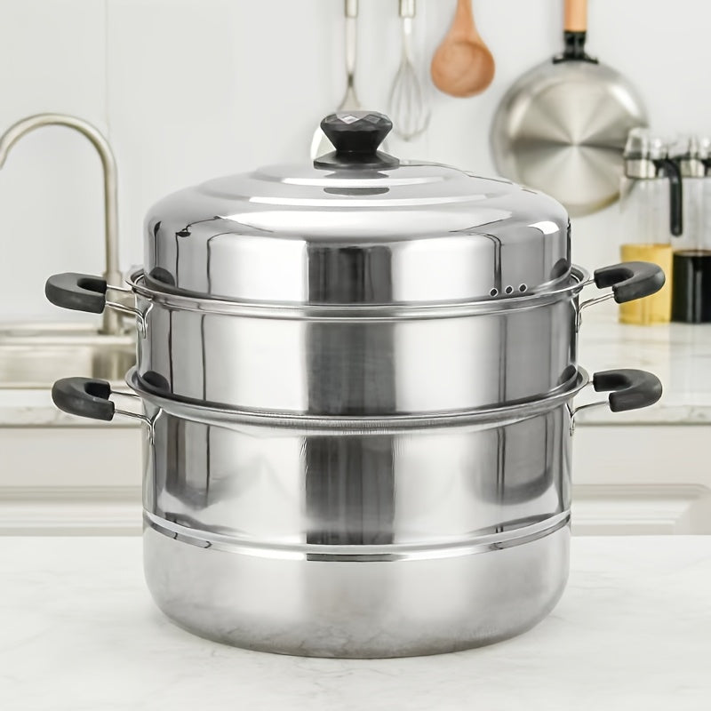 A versatile 3-tier stainless steel steamer set with a lid that is ideal for steaming bread, fish, and vegetables. This steamer set is compatible with induction and gas stoves, making it perfect for use in any kitchen. It is a must-have kitchen essential