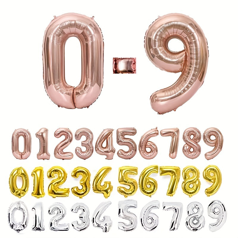 10pcs 16 inch number balloons in gold, silver, and rose gold colors perfect for party decorations, ideal for birthdays, weddings, bridal showers, engagement photos, and anniversaries.