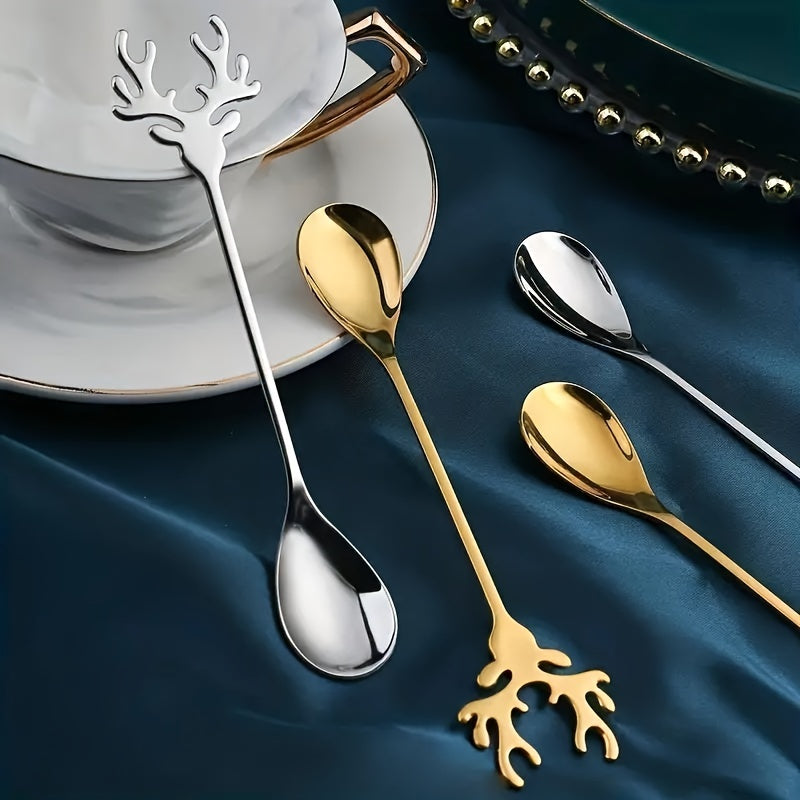 Set of 8 Christmas-themed stainless steel coffee spoons in the shape of deer heads, perfect for stirring desserts and candy, as well as stirring tea. These whimsical spoons can also be used as tableware decorations or kitchen accessories.