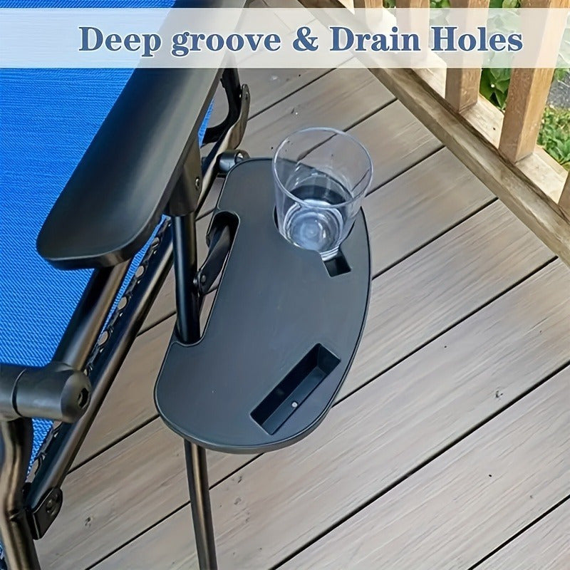 Accessory tray with cup holder and phone slot for zero gravity chair. Clip-on design for easy installation. Made of durable black plastic. Requires no electricity. Can be used as a beach leisure chair table.