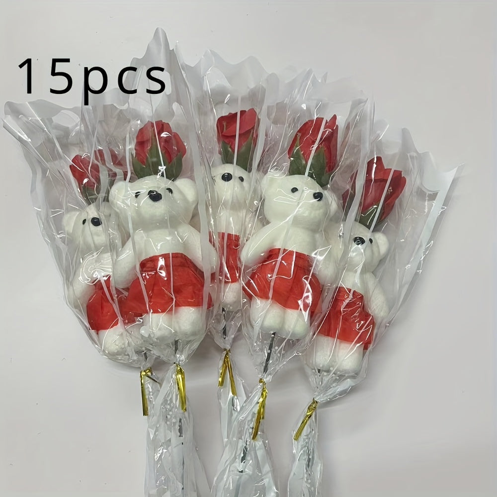 15 artificial rose bouquets with plush bears - ideal for birthdays, anniversaries, weddings, home decor, romantic gifts, and special occasions.