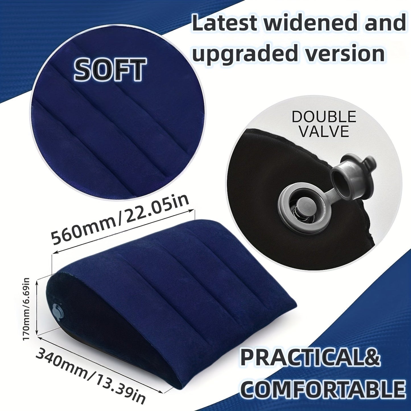 Versatile portable inflatable pillow that can be used as a lumbar pillow, maternity pillow, and more.