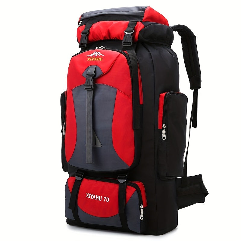 Durable nylon travel backpack for camping and hiking purposes.