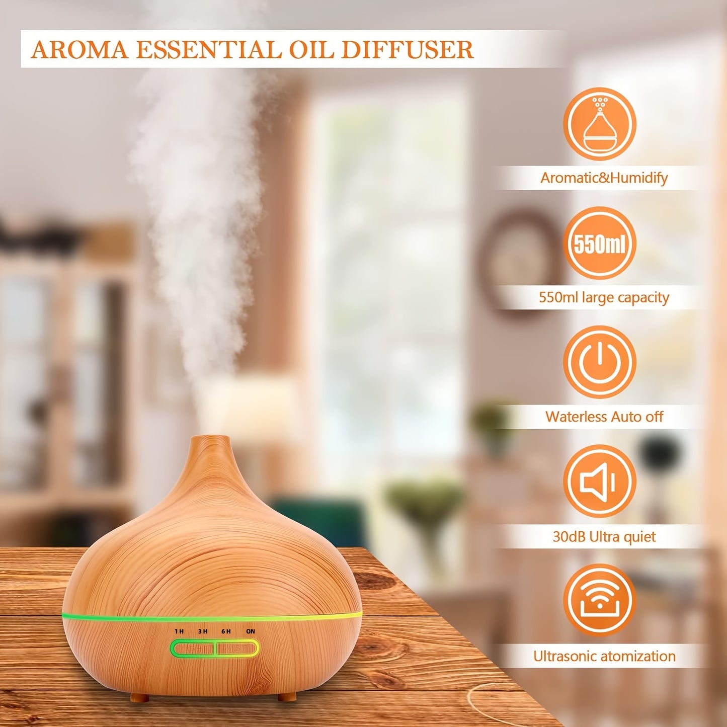 550ml Ultrasonic Essential Oil Diffuser with Remote, USB Powered, Auto-Off Timer, Nightlight, Power Failure Protection, Atomization Mode; for Large Room Home Use.