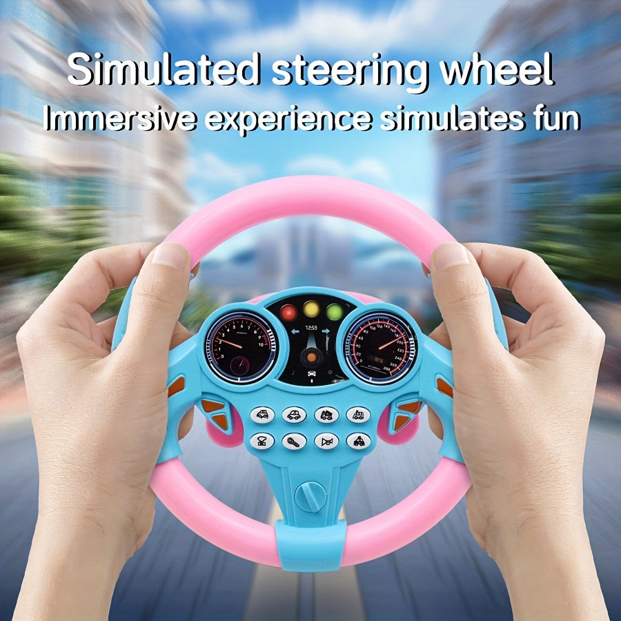 A toy steering wheel for cars made of ABS resin, available in various colors. Batteries not included.