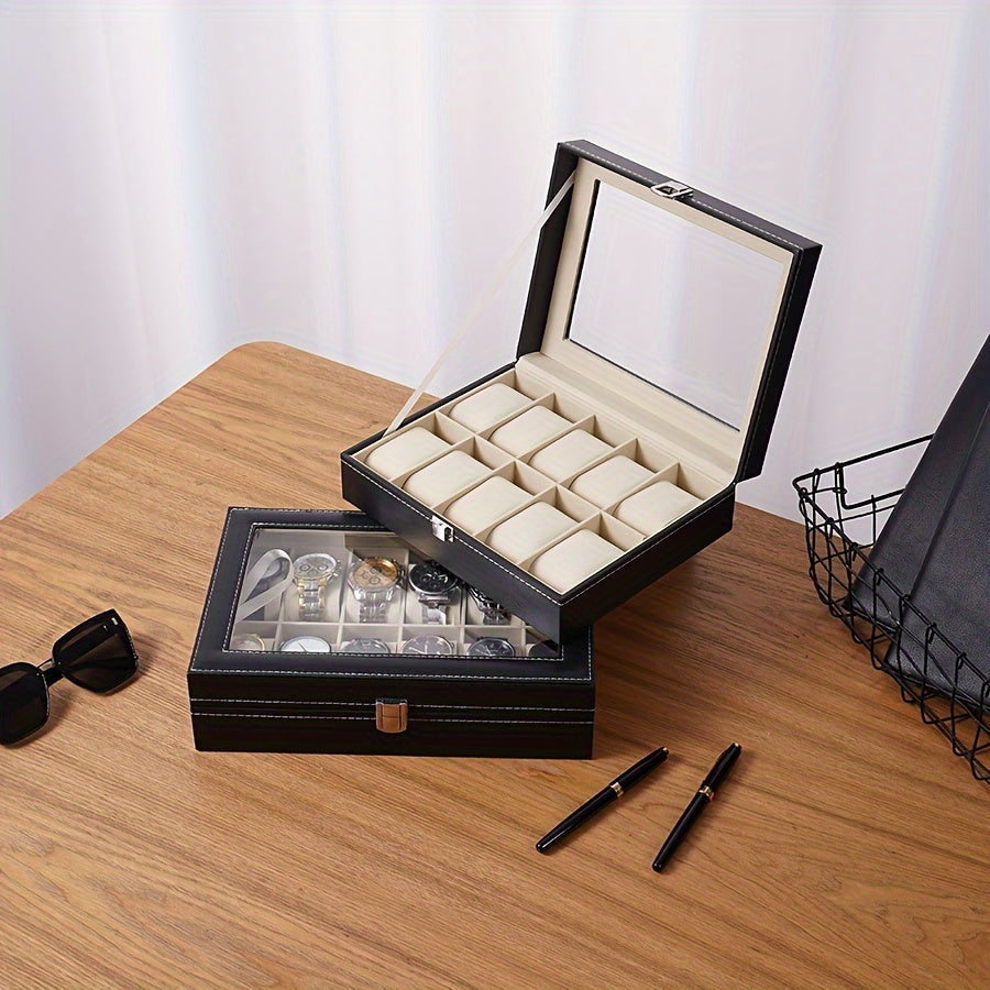 The Elegant Black Faux Leather Watch Storage Box is a popular choice for your timepiece collection. Whether you have 2, 6, 10, or 12 watches, this square flip-top design box will keep them safe and organized. The soft interior and pen holder add a touch