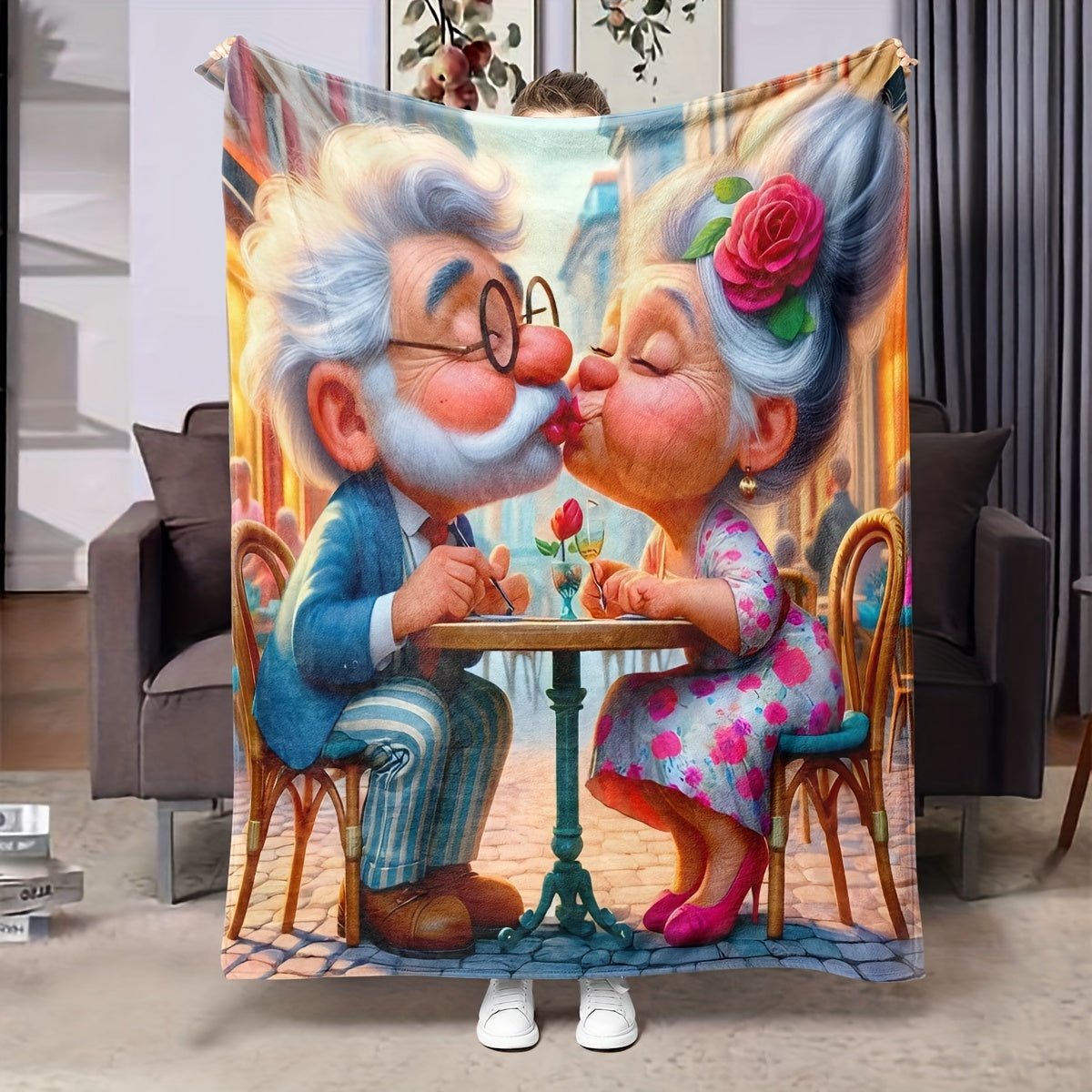 Stay warm and cozy with the 1pc CozyCuddle Soft Flannel Fleece Throw Blanket featuring a charming Grandpa and Grandma Print. This high-definition digital print blanket is perfect for adding a touch of warmth and style to your living room, sofa, or