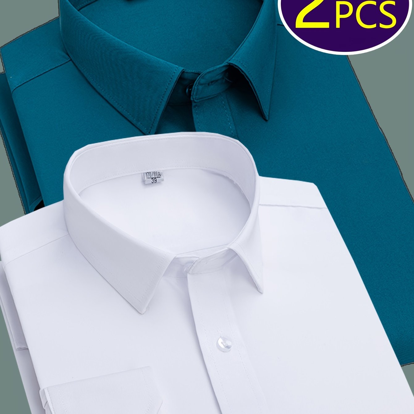 2 Men's work style polyester dress shirts in solid colors, regular fit with button details and lapel collar.