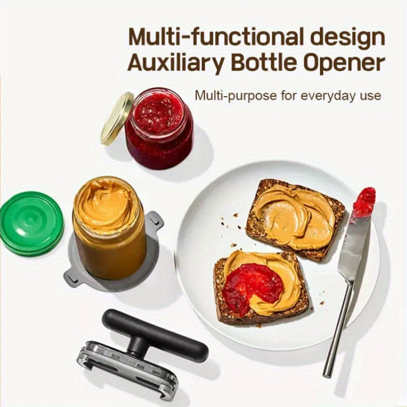 Adjustable manual jar opener for easy lid removal, suitable for various lid sizes. Effortless operation, no power needed. Perfect for home and parties.