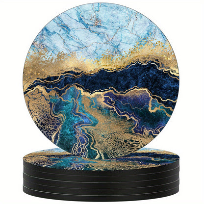 6 luxury golden marbling coasters with absorbent rubber and non-slip backing, perfect for home decor or as a housewarming gift. 10.16cm round.