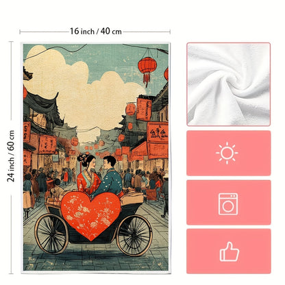 These kitchen towels are luxuriously soft and feature a charming illustration of a couple in traditional Chinese clothing, riding a heart-shaped rickshaw through a bustling street market. They are not only highly absorbent but also perfect for holiday