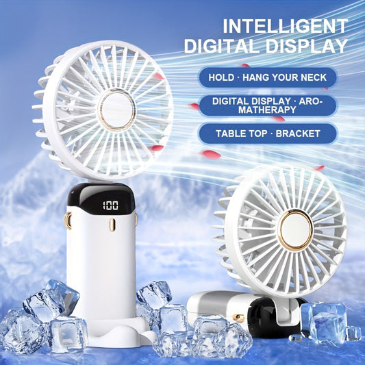 Small Portable Fan with USB Rechargeable Battery, 5 Speed Settings, Foldable Design, LED Display, Ideal for Bedroom, Travel, Camping, and School.