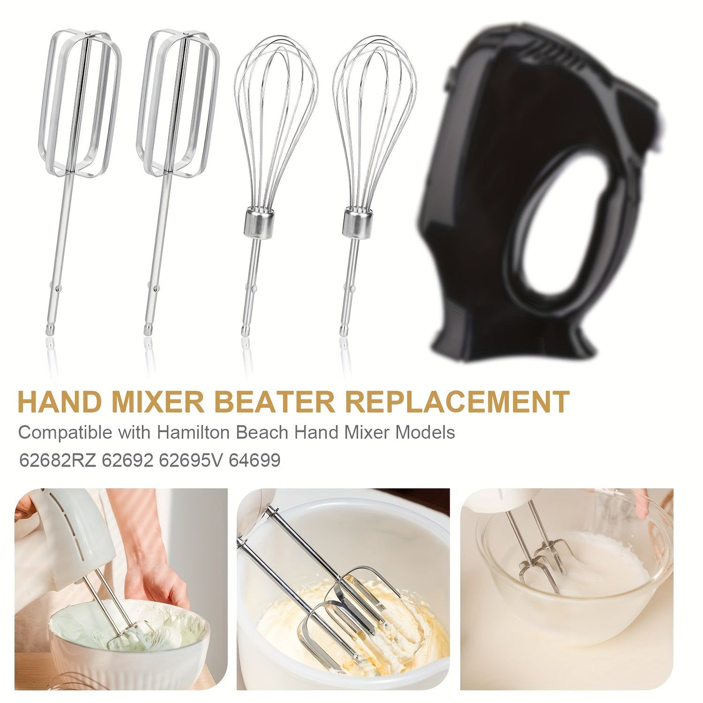 Set of four stainless steel hand mixer attachments - Includes versatile beaters for easy whisking, blending, and baking - Compatible with City Beach mixers.