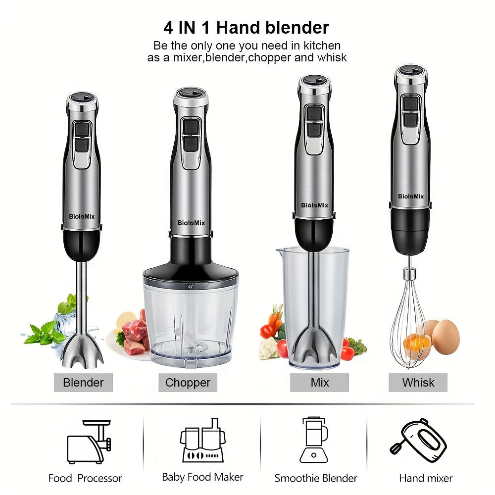 BioloMix 4-in-1 1200W Hand Stick Blender Mixer with Chopper and Smoothie Cup, Stainless Steel Ice Blades, European Standard Plug, 16000 RPM, No Battery Needed.