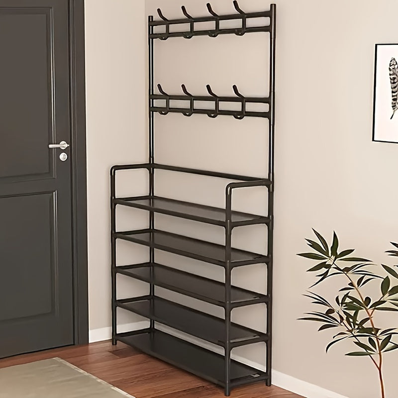 Durable 5-tier black metal shoe and hat rack with 8 hooks, ideal for entryway or living room. Easy assembly and versatile storage solution.