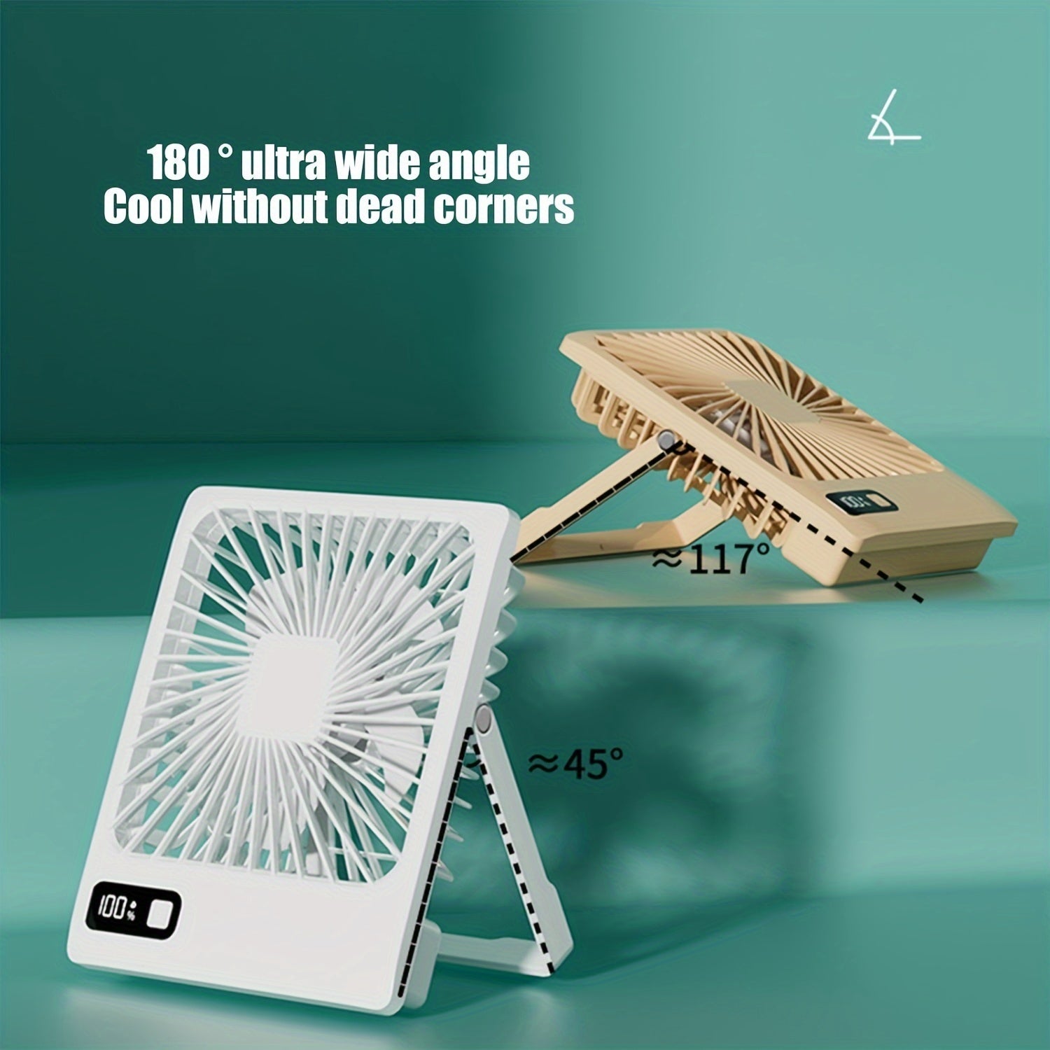 Portable desk fan with battery power, USB charging. 1800mAh tilt folding personal fan, with 180° ultra wide angle. Features 5-speed ultra-quiet operation with power display. Ideal for home, office, and travel use.