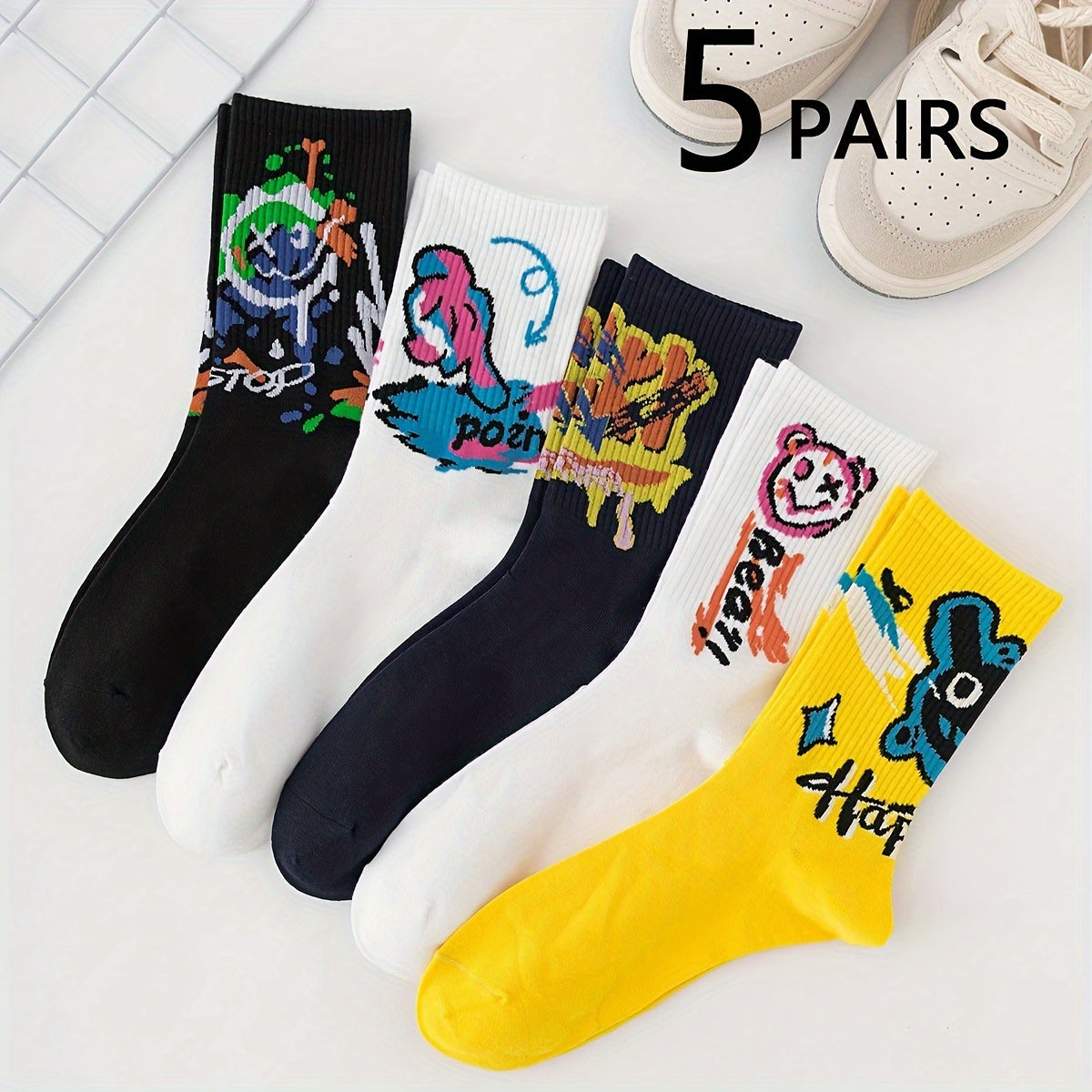 10 Pairs Men's Mid-Calf Socks - Stylish graffiti design, perfect for daily wear and outdoor activities. Made of a blend of polyester and spandex.