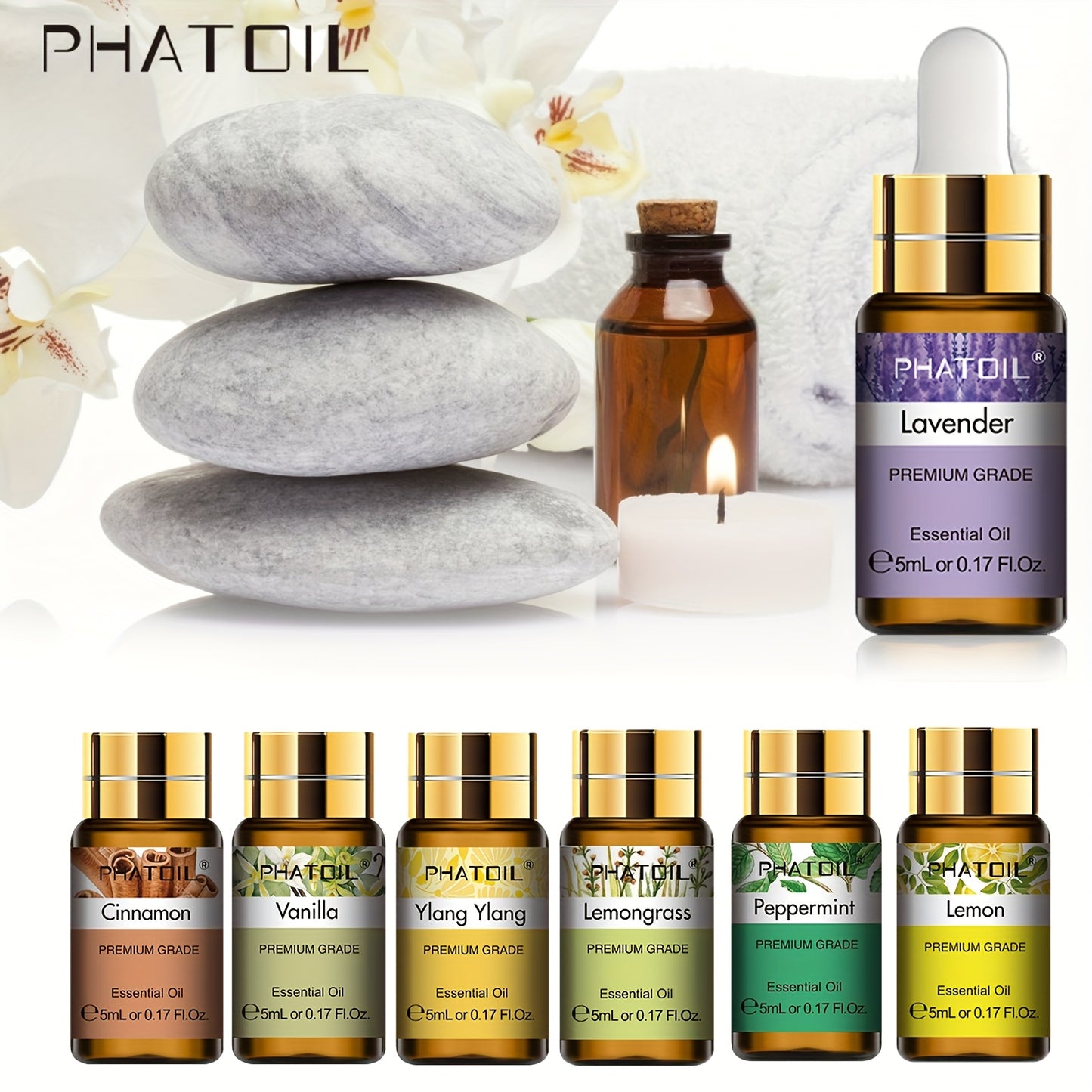 15-piece PHATOIL Essential Oil Set with mood-lifting properties in liquid format under 1L capacity, single blend varieties with no side effects.