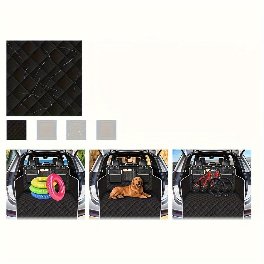 Durable waterproof pet car seat cover with storage pockets for backseat protection.