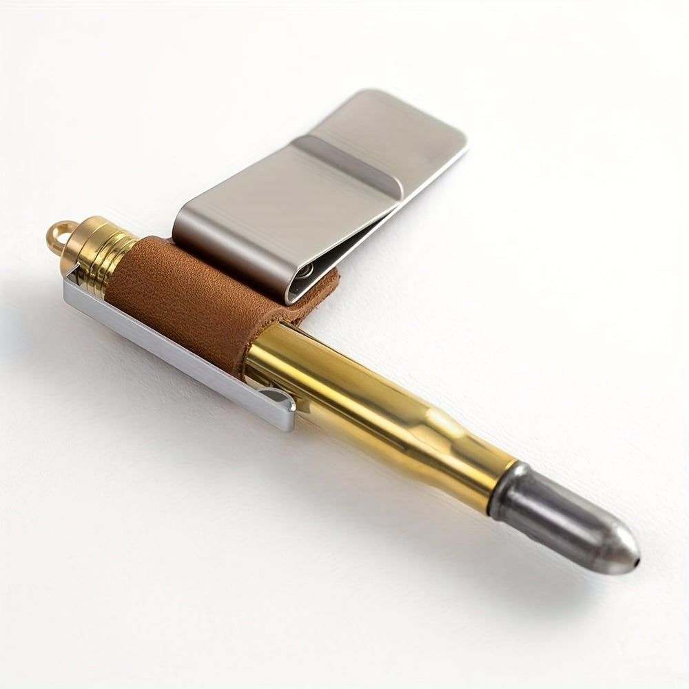 Metal pen and money clip with vintage inspiration, ideal for school and office use. Lightweight stainless steel holder for notebooks and diaries.