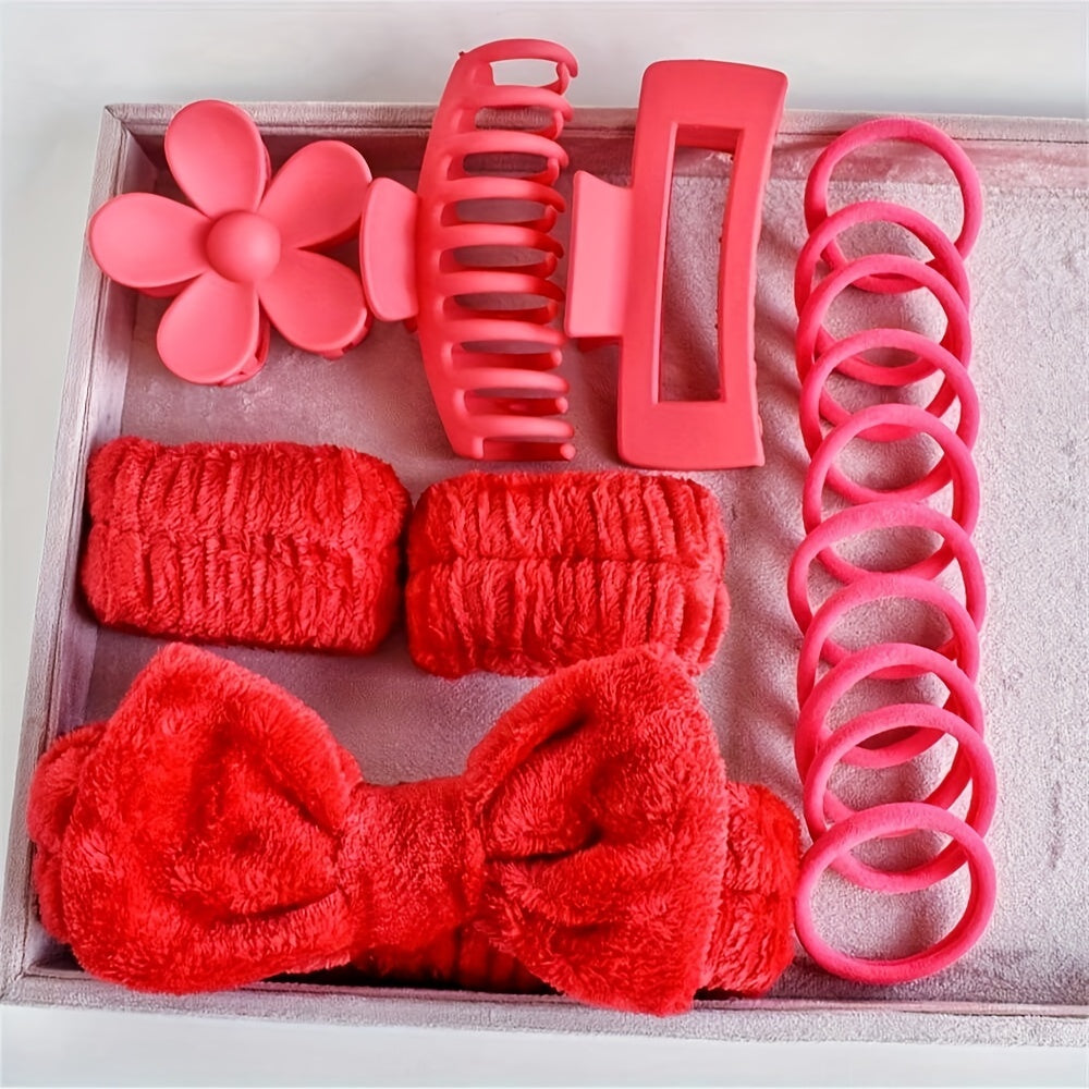 16-piece hair accessory set in pink & black for women and girls, includes headbands, wristbands, and hair clips, perfect for travel, spa, makeup, and gifting.