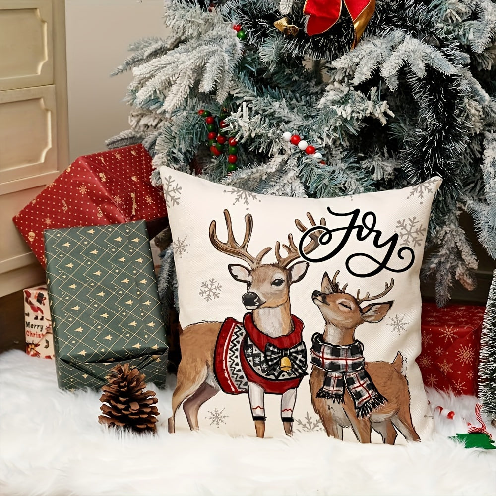 Add a touch of modern style to your home with this Linen Throw Pillow Cover featuring a festive Reindeer and Snowflake design. This machine washable cover has a convenient zipper closure and is made from a high-quality woven fabric in mixed colors.