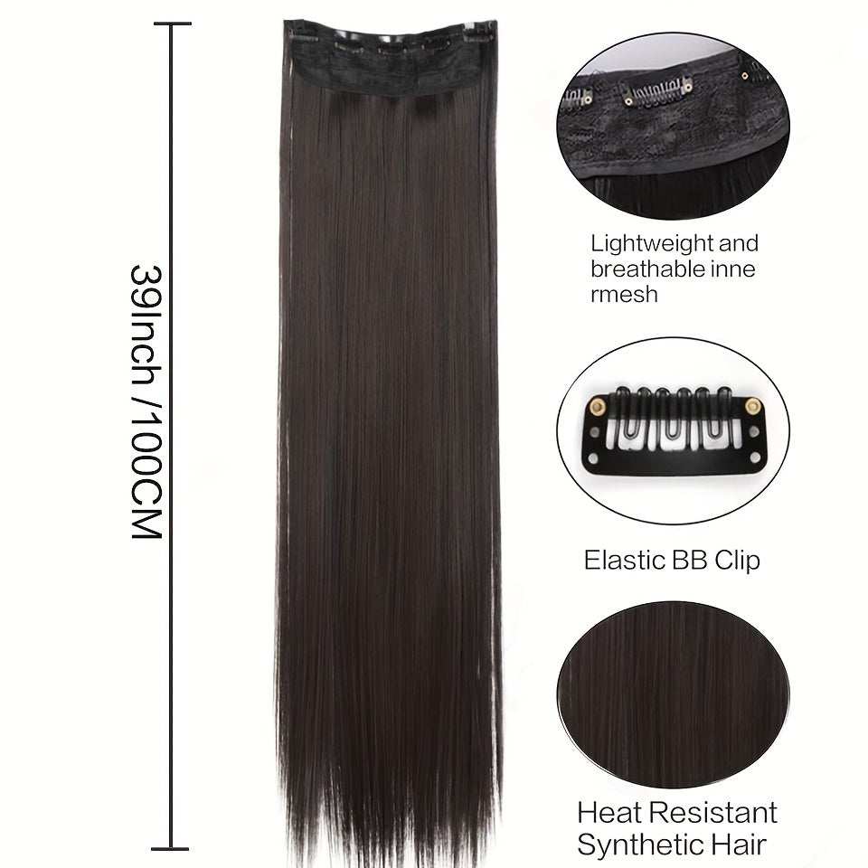 Long synthetic clip-in hair extensions for full head volume and length, easy to wear.