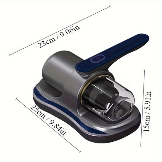 A portable vacuum cleaner with UV-C light that kills mites and bacteria. Features strong suction, rechargeable design, and cordless operation for easy carpet cleaning and dust removal. Includes double-click technology, visual box indicator, and a filter