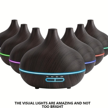 550ml essential oil diffuser with remote control and soundwave technology, auto shut off, 4 timing settings, and 7 LED lights for home or office use.