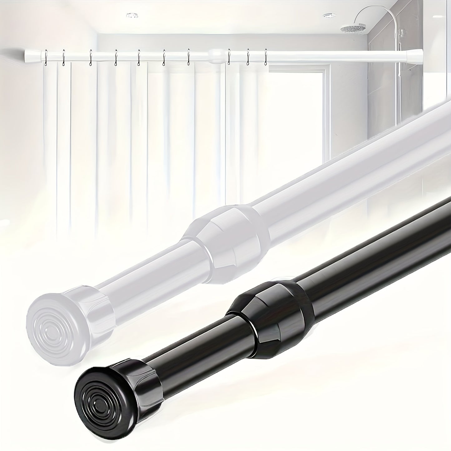 Versatile metal curtain rod with adjustable spring tension for easy installation in various spaces.