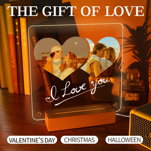 Single frame with LED light featuring personalized photo and customizable acrylic love heart design. Transparent stand for displaying pictures, perfect for celebrating special occasions such as anniversary, Valentine's Day, Christmas, Mother's Day