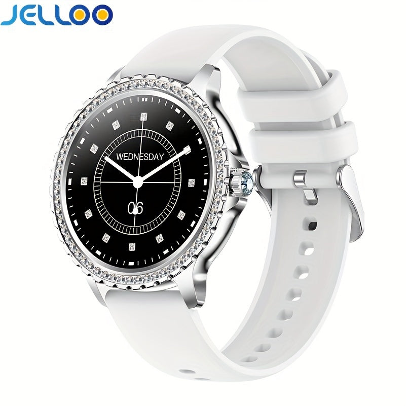 JELLOO Fashion Ladies Smart Watch for Women with 1.32-inch HD Full Touch Screen, Wireless Calls, Silicone Strap, Rechargeable Battery, Water Resistant, TFT Screen.