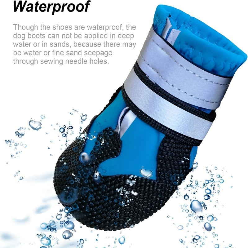 4 waterproof dog boots with reflective straps keep your dog's paws safe and dry.