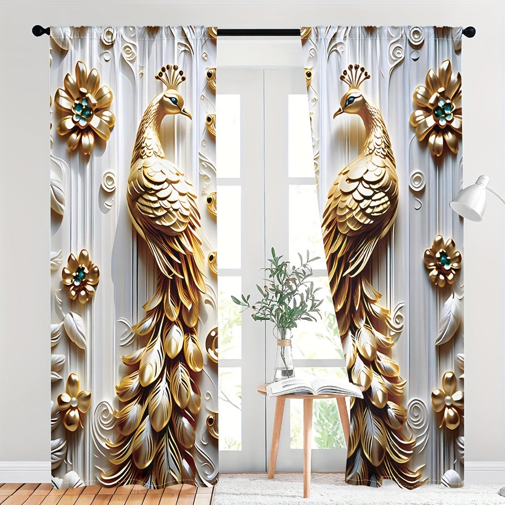 2 Golden Peacock Floral Print Sheer Polyester Curtains with Rod Pocket for various room décor.