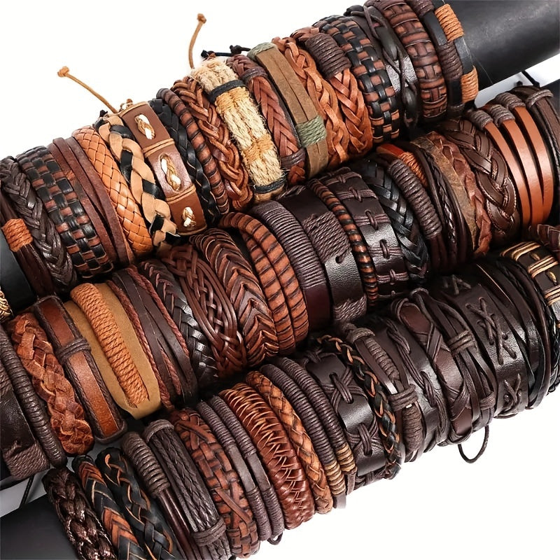 Set of 10, 20, or 30 Faux Leather Bracelets for Men and Women, Perfect for Christmas, Thanksgiving, and New Year Gifts. These Fashionable Retro Black and Brown Alloy Faux Cowhide Woven Bracelets are Adjustable and Stylish.