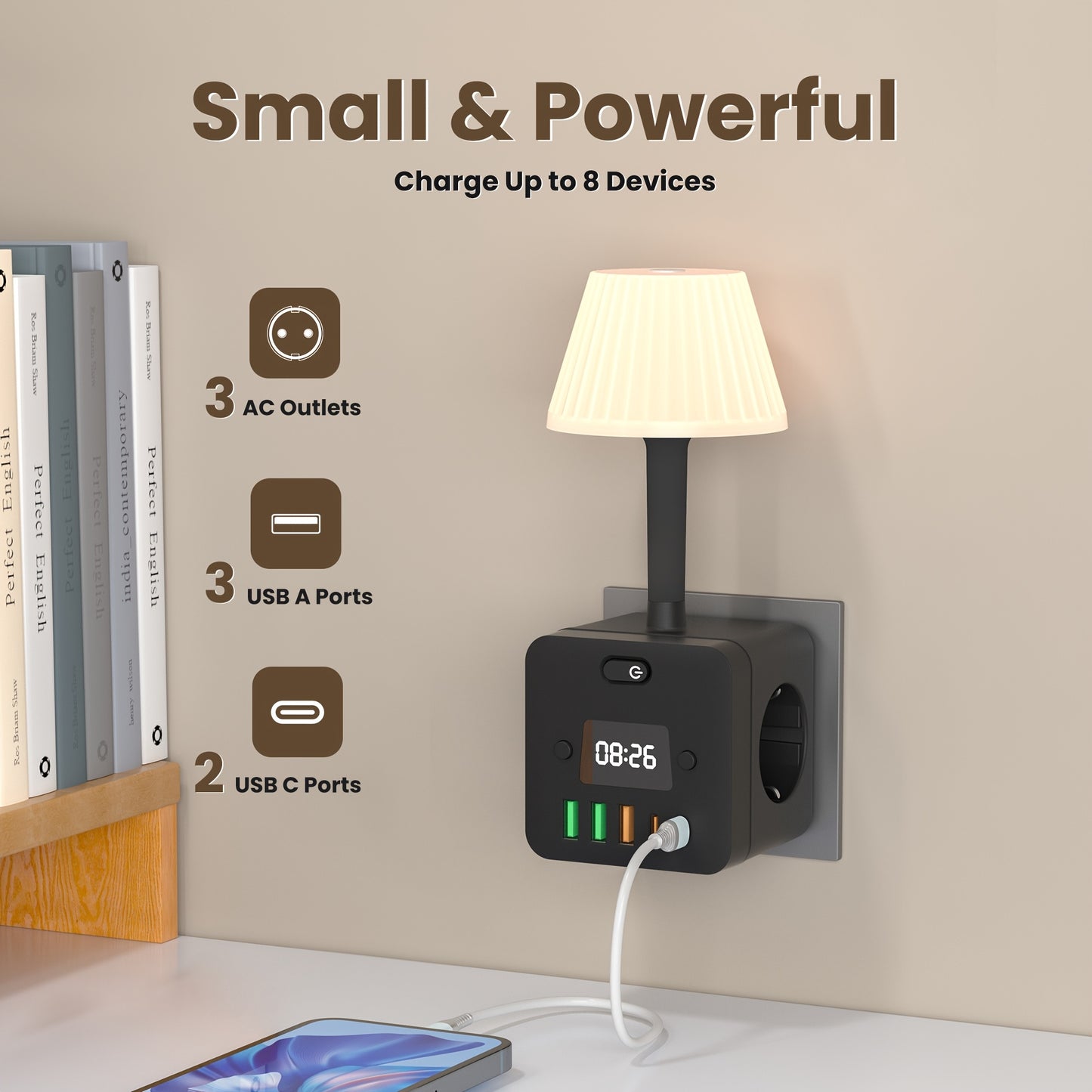 1 Smart Wall Outlet with Desk Lamp - 4-sided power strip with LED time display, overload protection, 3 AC outlets, 3 USB-A & 2 USB-C ports, on/off switch, surge protection, European plug