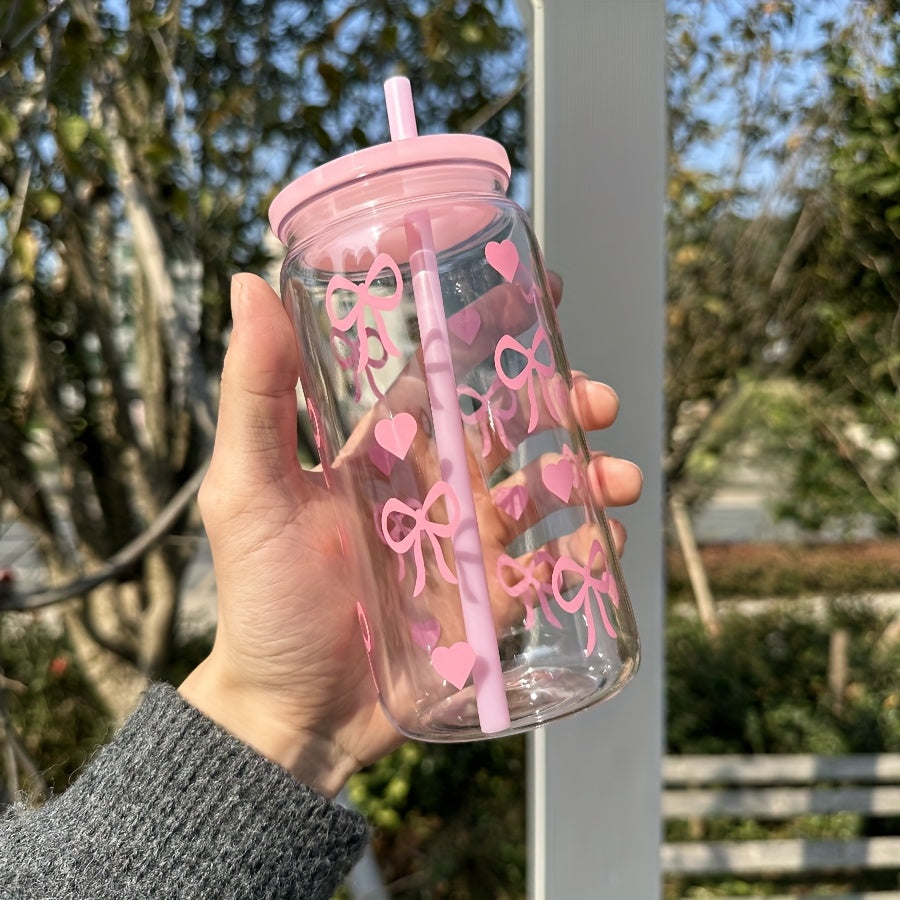 16oz Pink Bowknot Travel Mug with Straw & Lid - Perfect Gift for Valentine's Day and Mother's Day, BPA-Free Plastic