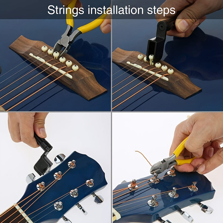 26-piece guitar repair tool kit with wire pliers, string organizer, fingerboard protector, hex wrenches, files, string action ruler, and spanner.