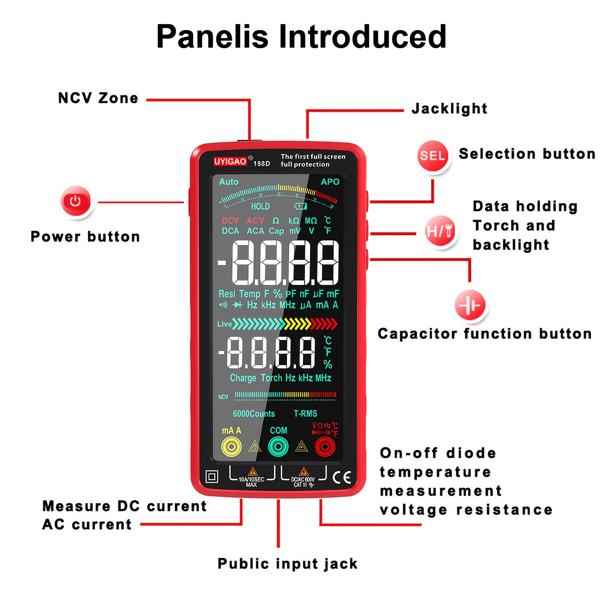 1pc UYIGAO Smart Digital Multimeter with Auto-Ranging TRMS, 6000 Counts, Slip-Resistant Grip, Measures AC/DC Voltage, Current, NCV, Ohm, Amp, Resistance, Diodes, Continuity, Capacitance