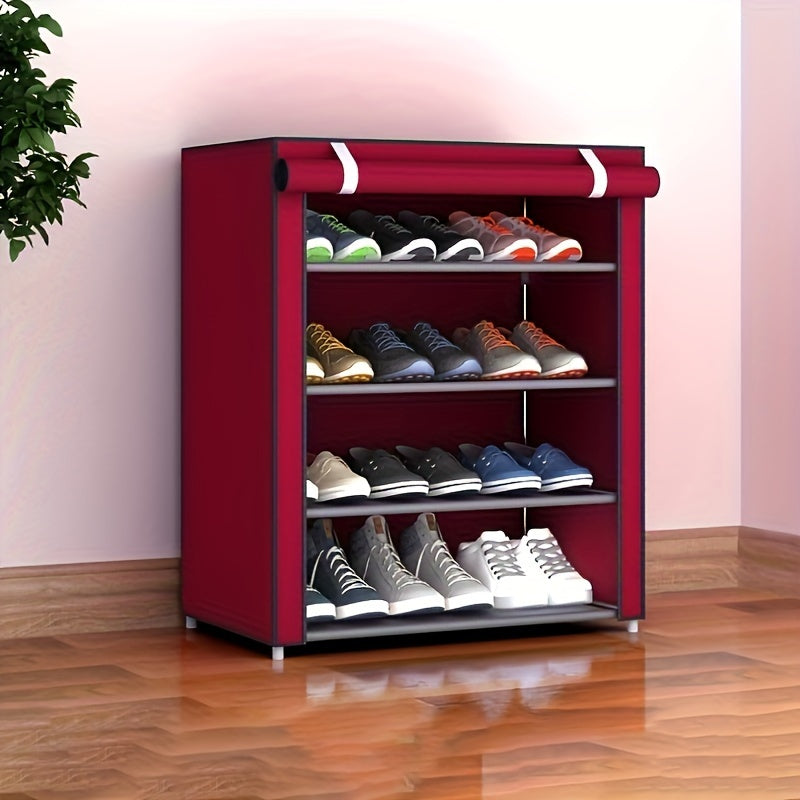 Multi-layer outdoor storage cabinet with zipper, shoe cabinet and rack assembly. This dust-proof, stainless steel shoe cabinet has multiple layers for storage. Simple and efficient shoe storage solution.