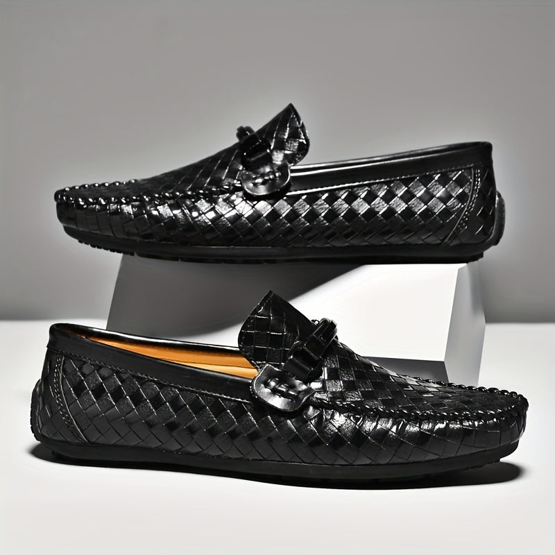 Breathable black slip-on loafers for men, featuring diamond pattern, bowknot design, and lightweight rubber sole for comfort in summer casual style.