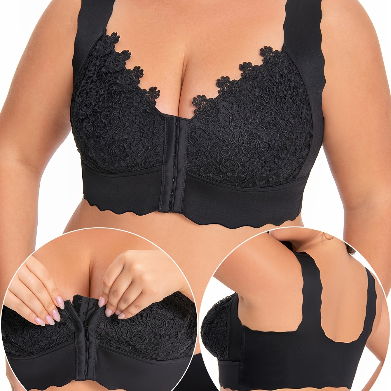 QVR Women's Plus Size Lace Bra, Polyamide and Elastane blend, Wireless with Lace Detail.