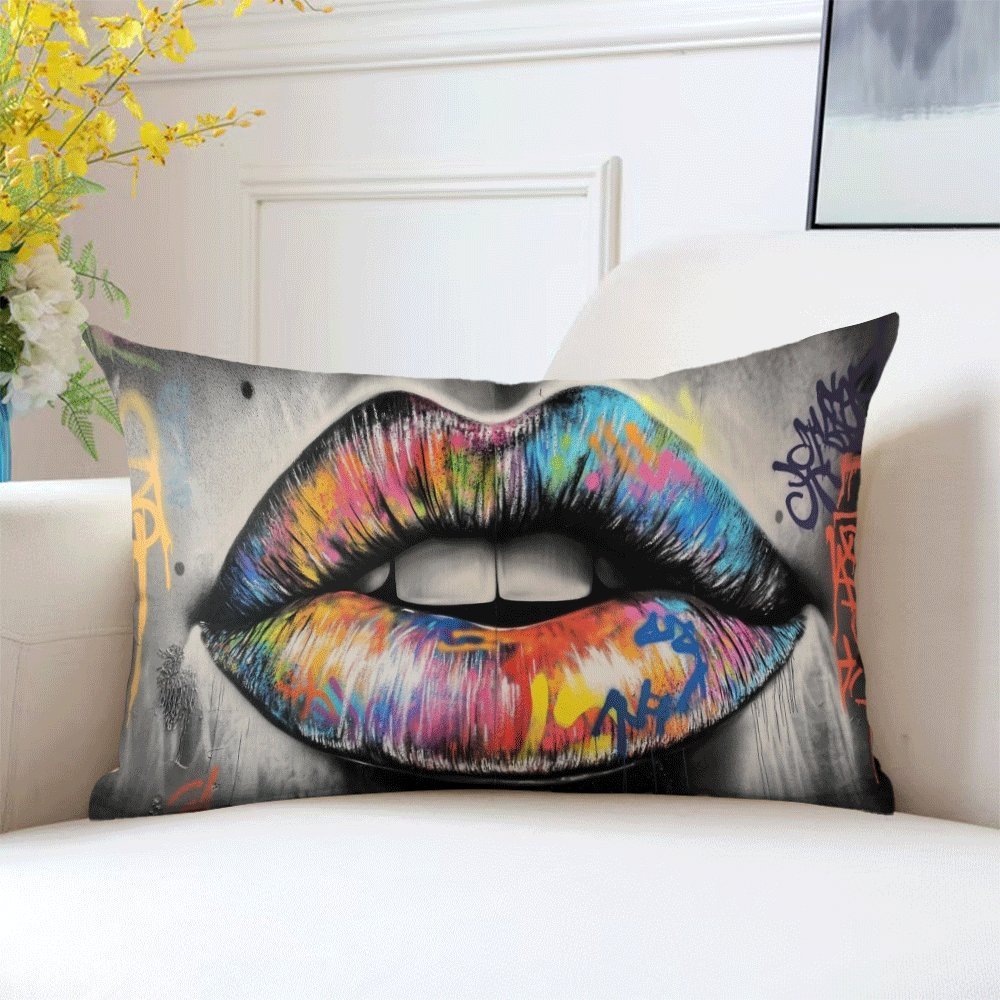 Abstract Graffiti Lips Pillow Cover, 1 piece, measures 50.8X30.48 cm. This Casual Style Polyester Decorative Throw Pillowcase features a convenient Zipper Closure and is Machine Washable, making it suitable for all seasons. Designed for Back Sleepers