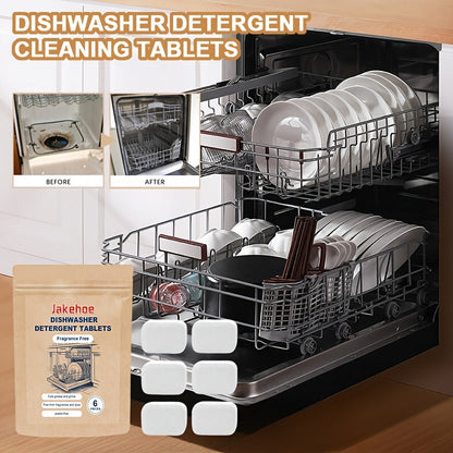 The Jakehoe 6-Count Dishwasher Detergent Tablets are formulated with sodium bicarbonate for safe cleaning of metal surfaces. These tablets provide residue-free cleaning and efficient stain removal while also acting as an odor eliminator. With a capacity