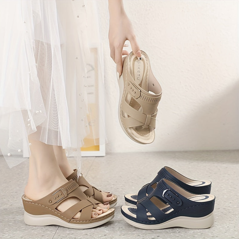 Women's wedge slide sandals with open toe cross strap, slip-on design for casual outdoor wear.