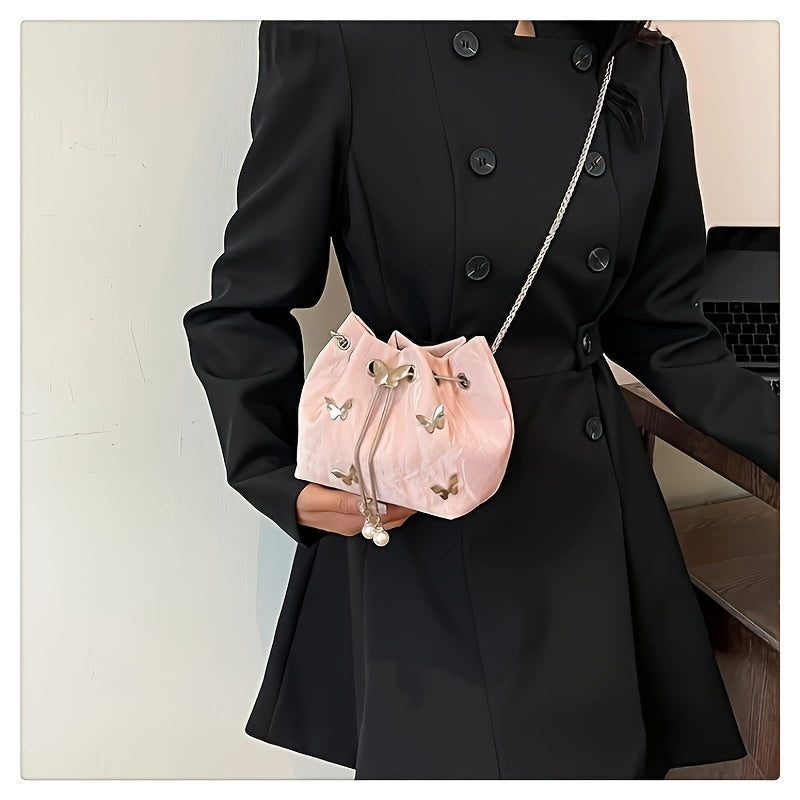 Fashionable women's bucket bag with drawstring closure, available in various colors.