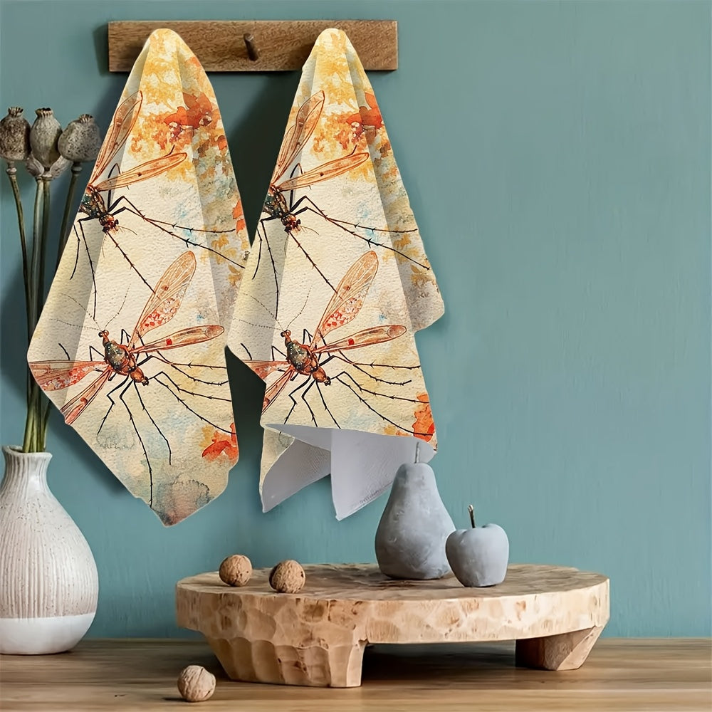 Two pieces of ultra soft kitchen towels featuring a "Love & Mosquitoes" watercolor design. These towels are highly absorbent, machine washable, and measure 40.64x60.96 cm. Perfect for holiday decor and use as dish towels.